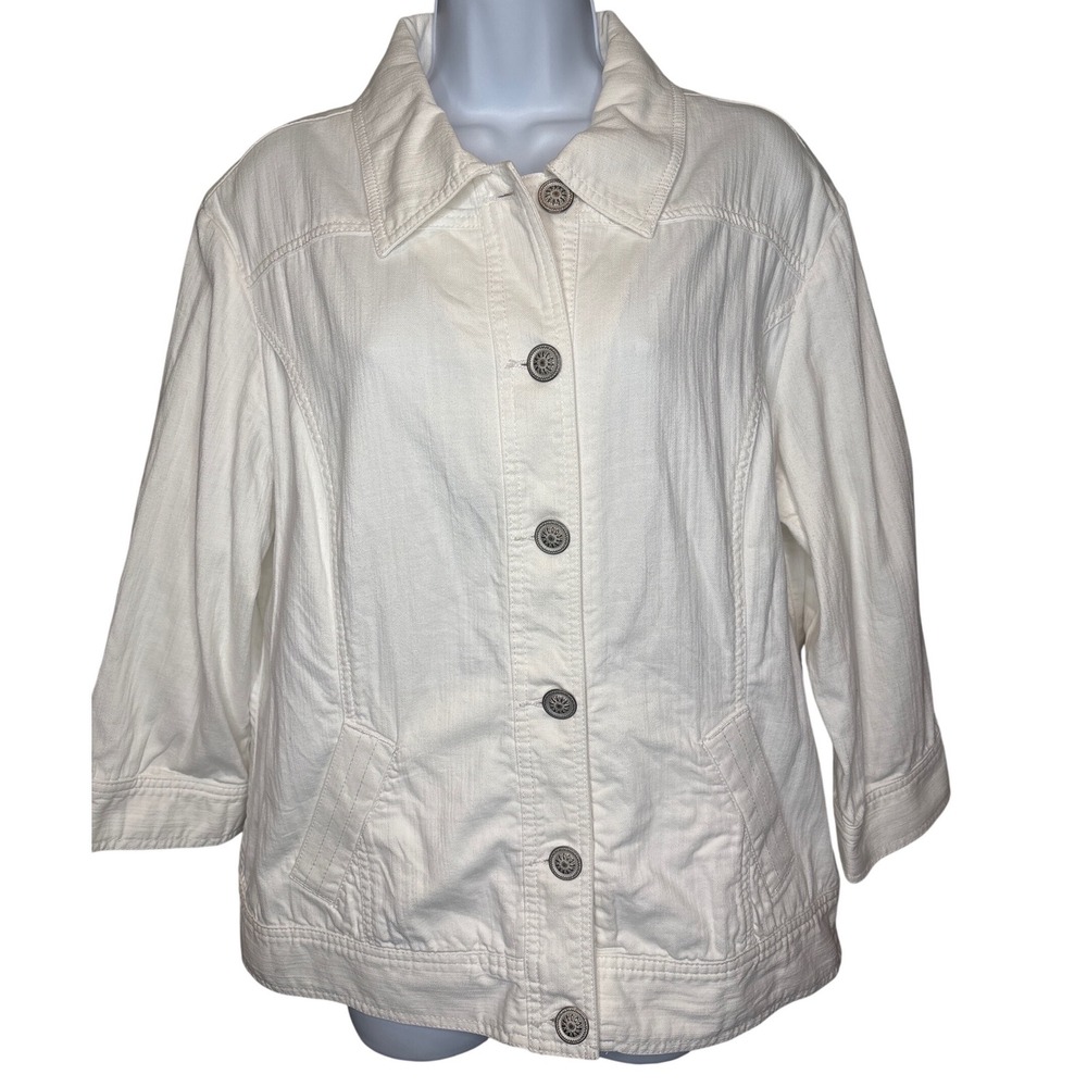 Chico's Women White Denim Button Front Jacket Size 2/L Crisp Casual Chic Coastal